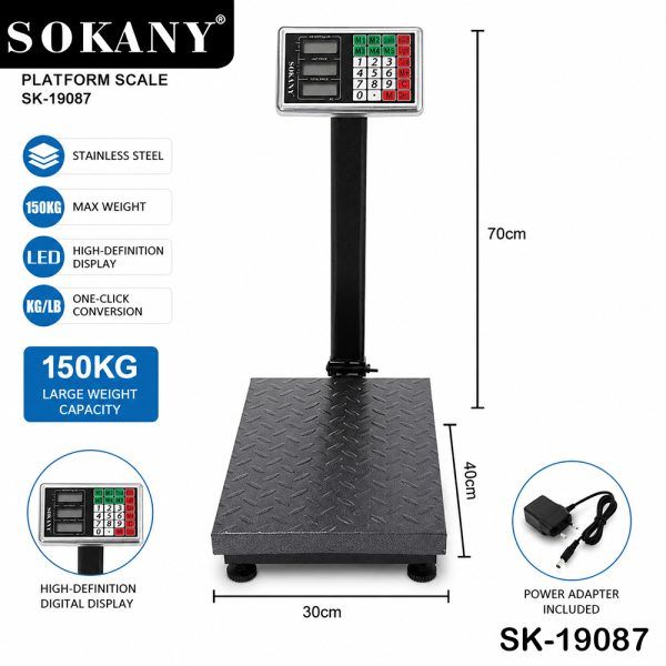 Báscula de plataforma SOKANY SK-19087 150KG con pantalla LED y plataforma inox