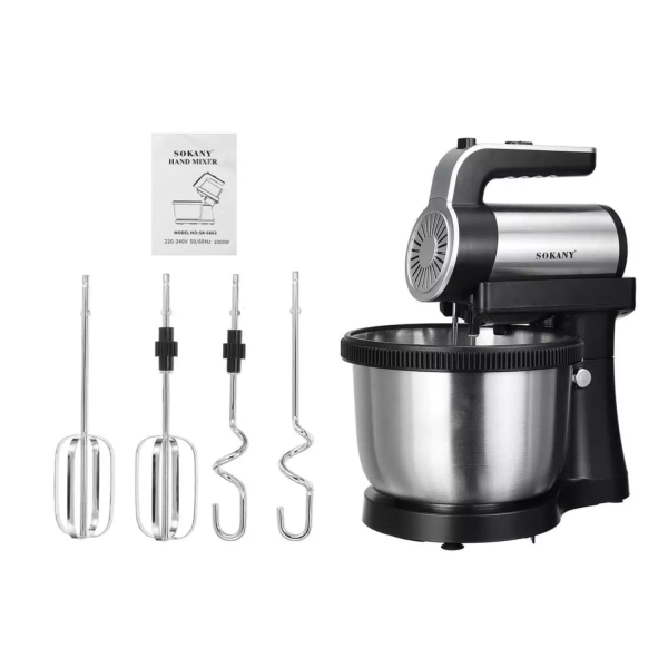 Batidora SOKANY SK-6662 mostrando los tres accesorios incluidos