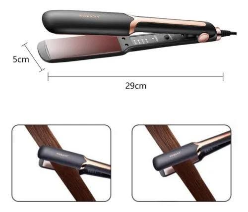 Plancha SOKANY profesional negra y rosada mostrando dimensiones 29x5cm